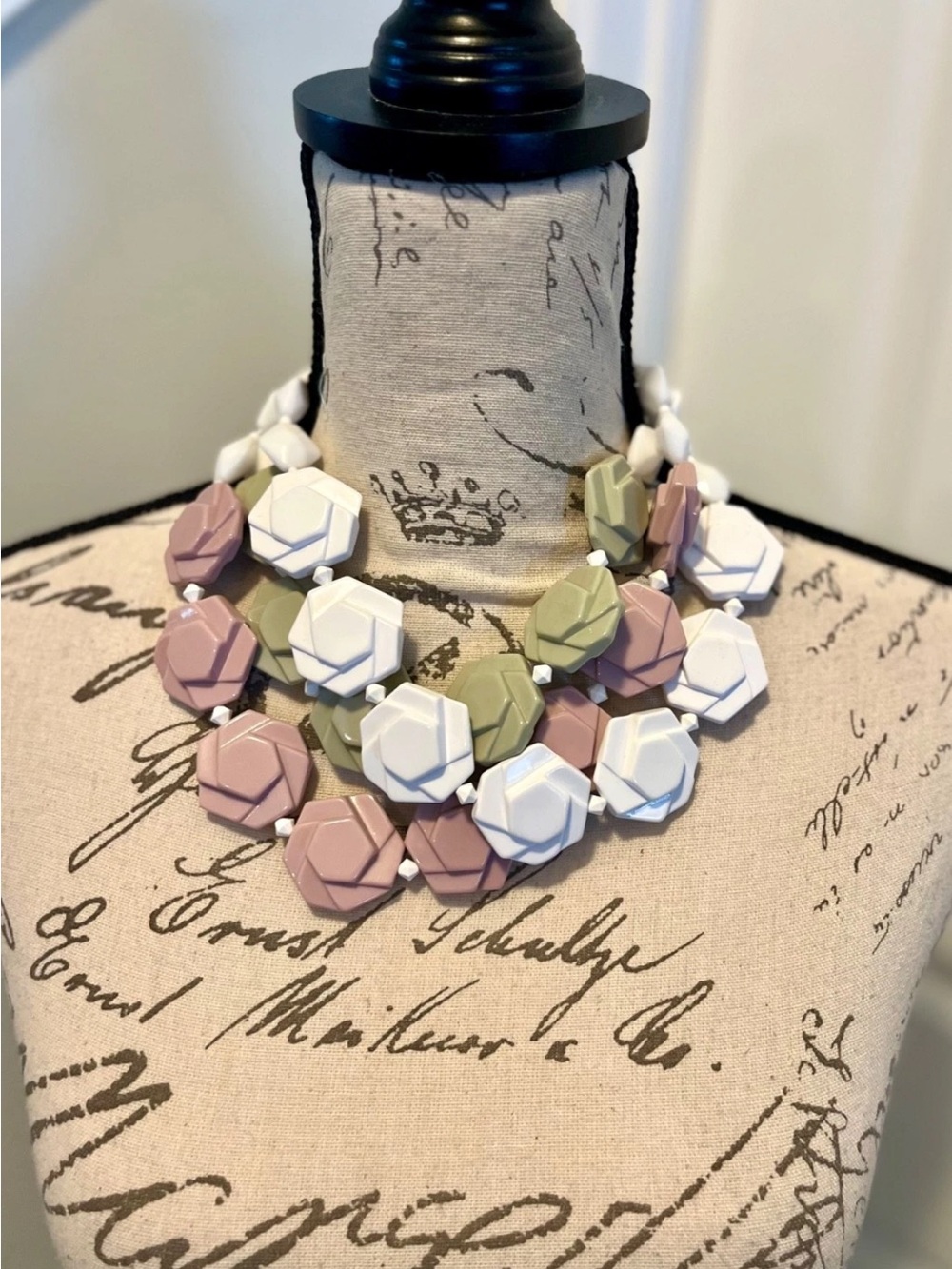 Angela Caputi Vintage Italian Resin Triple Strand Necklace Pink Green White 18”